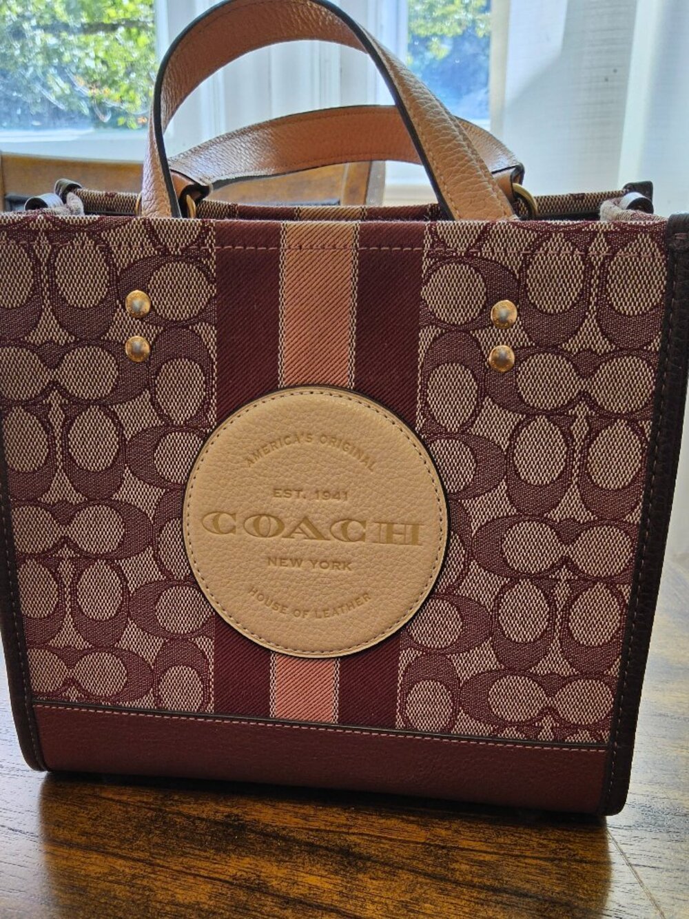 Coach Dempsey Tote 22 Signature Jacquard Stripe Wine Burgundy Like New EUC